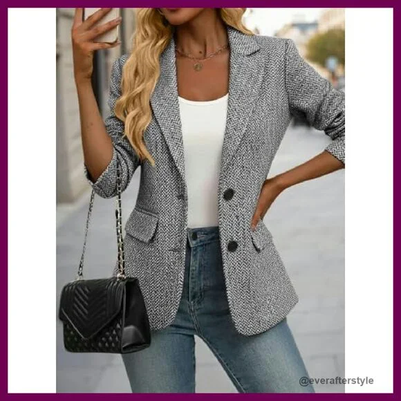 Herringbone Tweed Blazer Slim Fit Notched Lapel Office Work Jacket Classic - Picture 3 of 7